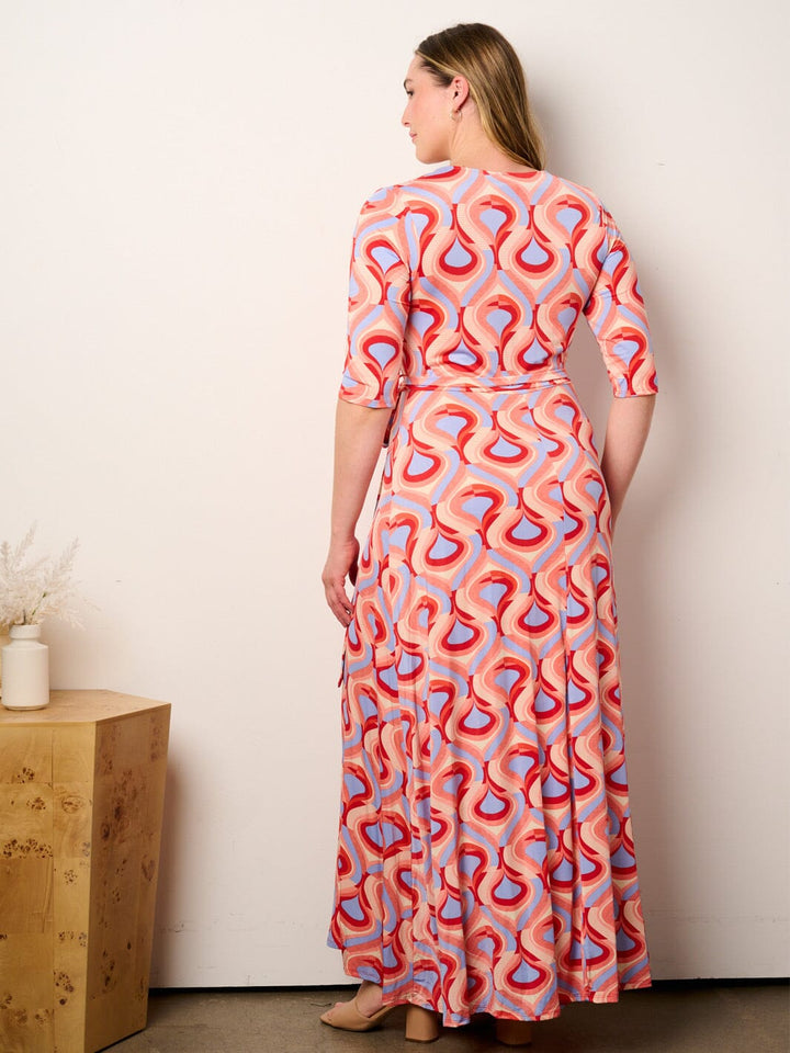 PLUS SIZE SHORT SLEEVE SELF TIE SURPLICE MULTI PRINT MAXI DRESS