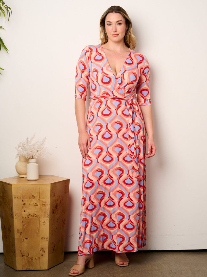 PLUS SIZE SHORT SLEEVE SELF TIE SURPLICE MULTI PRINT MAXI DRESS