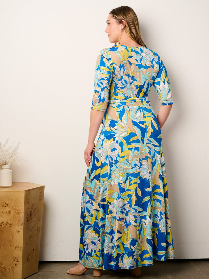 PLUS SIZE SHORT SLEEVE SELF TIE SURPLICE FLORAL MAXI DRESS