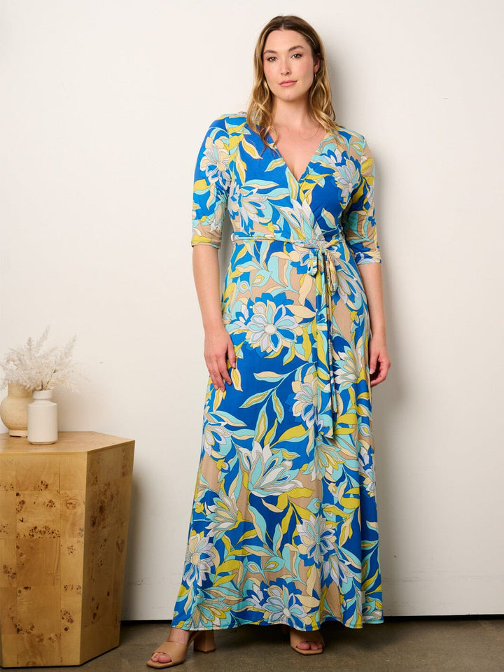 PLUS SIZE SHORT SLEEVE SELF TIE SURPLICE FLORAL MAXI DRESS