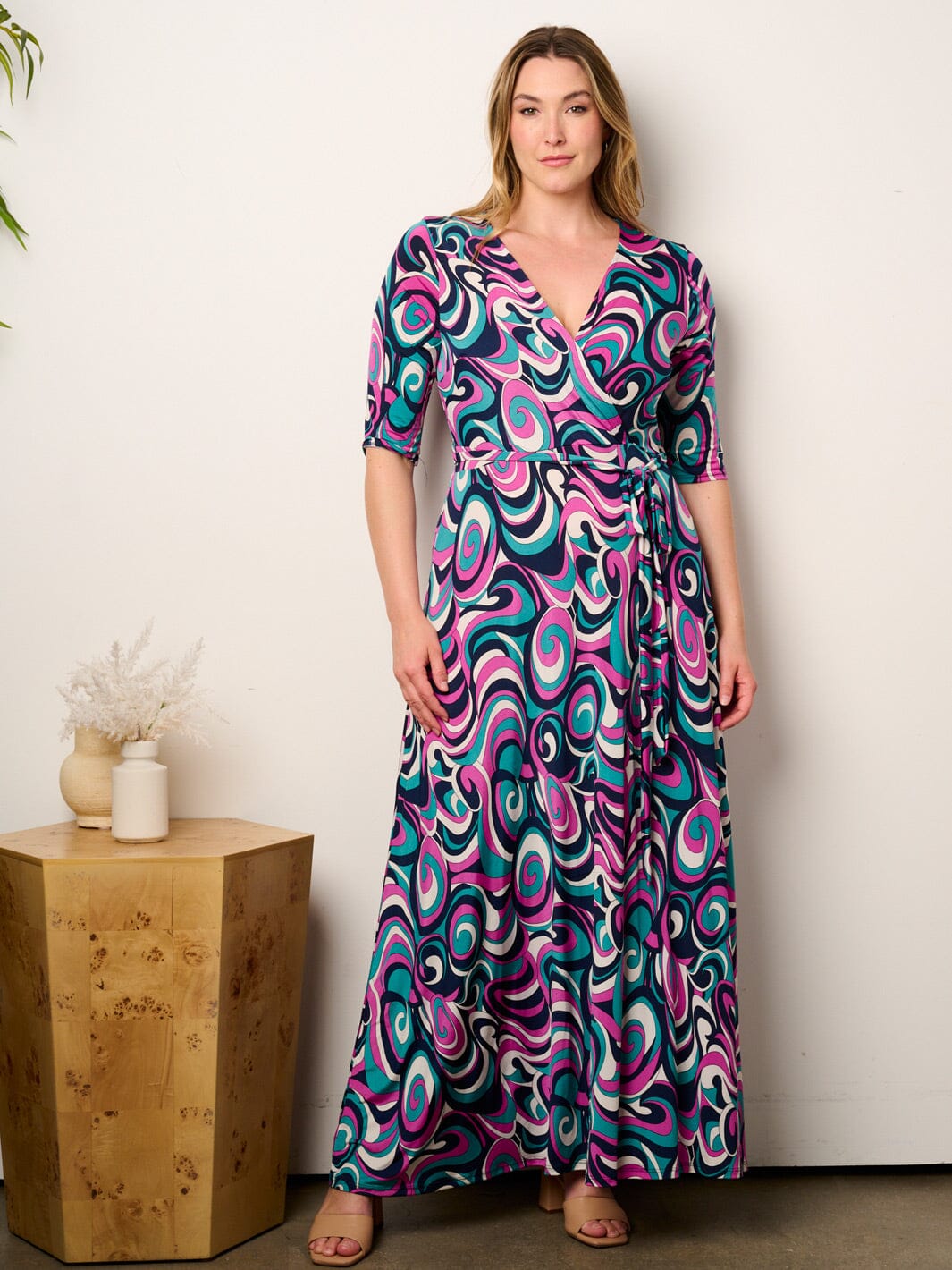 PLUS SIZE SHORT SLEEVE SELF TIE SURPLICE MULTI PRINT MAXI DRESS