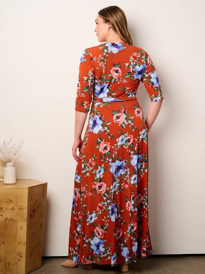 PLUS SIZE SHORT SLEEVE SELF TIE SURPLICE FLORAL MAXI DRESS