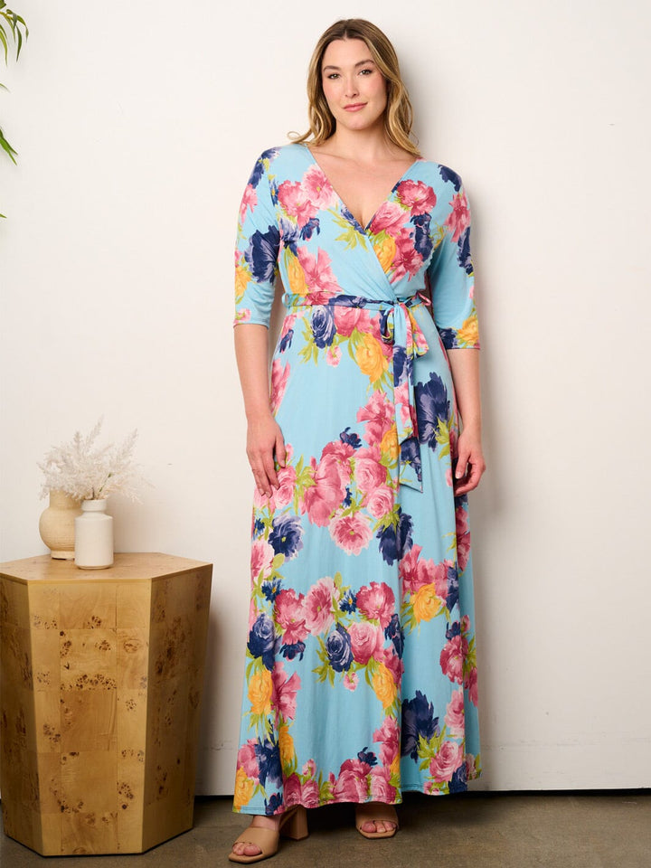 PLUS SIZE SHORT SLEEVE SELF TIE SURPLICE FLORAL MAXI DRESS