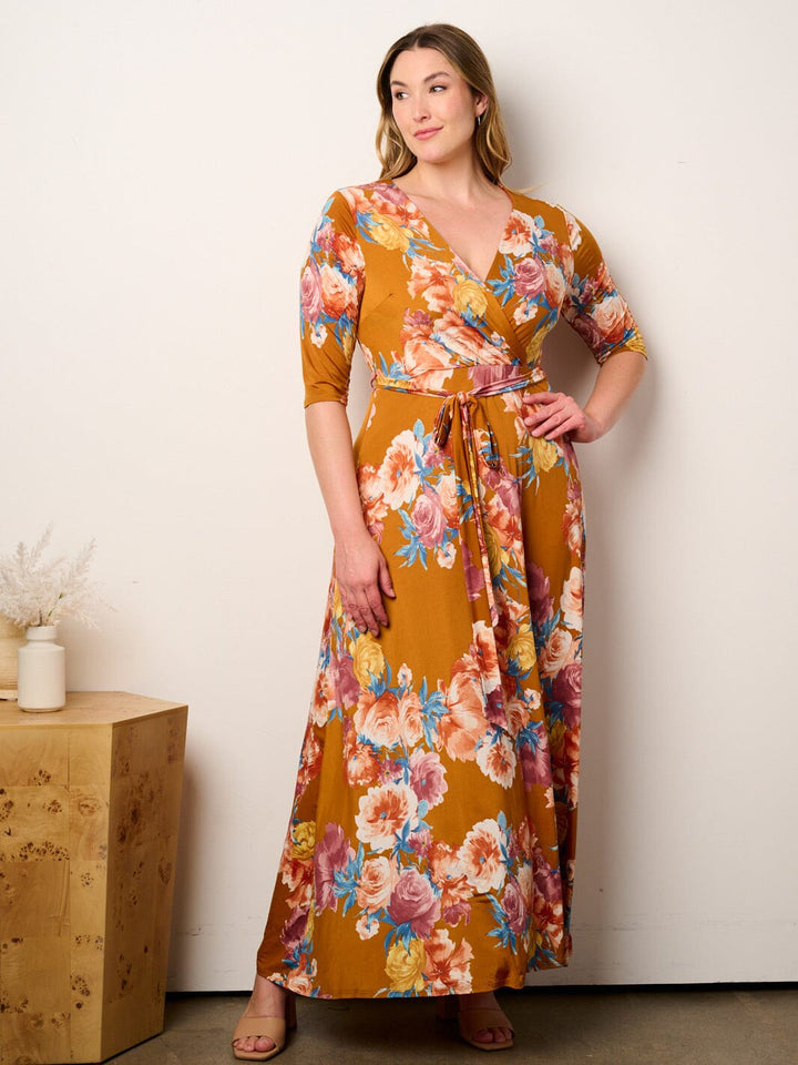 PLUS SIZE SHORT SLEEVE SELF TIE SURPLICE FLORAL MAXI DRESS