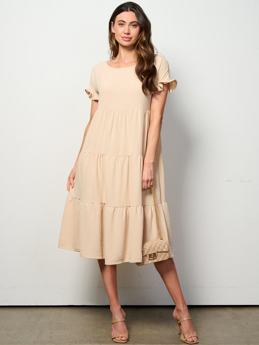 WOMEN'S SHORT SLEEVE TIERED TUNIC MIDI DRESS