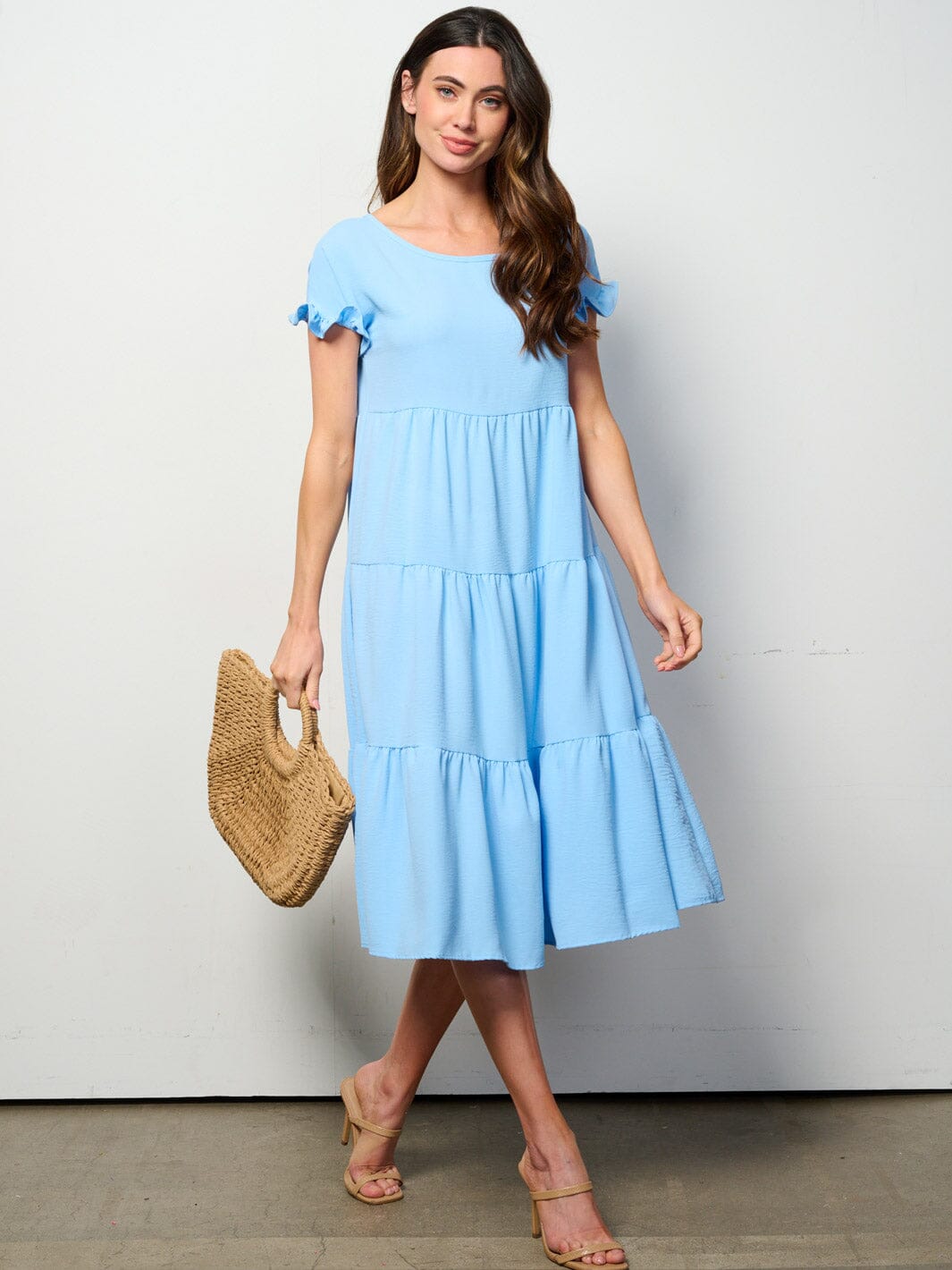 WOMEN'S SHORT SLEEVE TIERED TUNIC MIDI DRESS