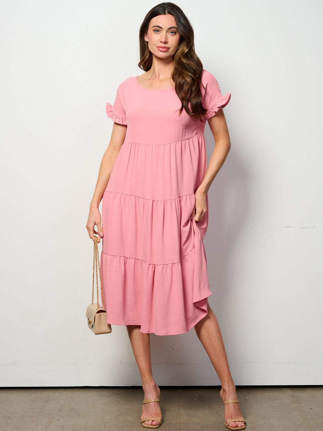 WOMEN'S SHORT SLEEVE TIERED TUNIC MIDI DRESS