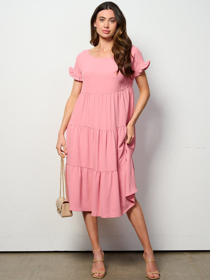 WOMEN'S SHORT SLEEVE TIERED TUNIC MIDI DRESS