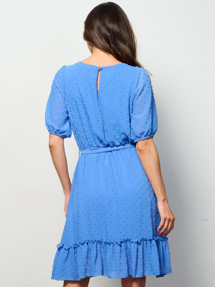 WOMEN'S SHORT SLEEVE SELF TIE SWISS DETAILED MINI DRESS
