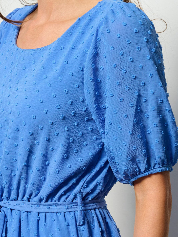 WOMEN'S SHORT SLEEVE SELF TIE SWISS DETAILED MINI DRESS