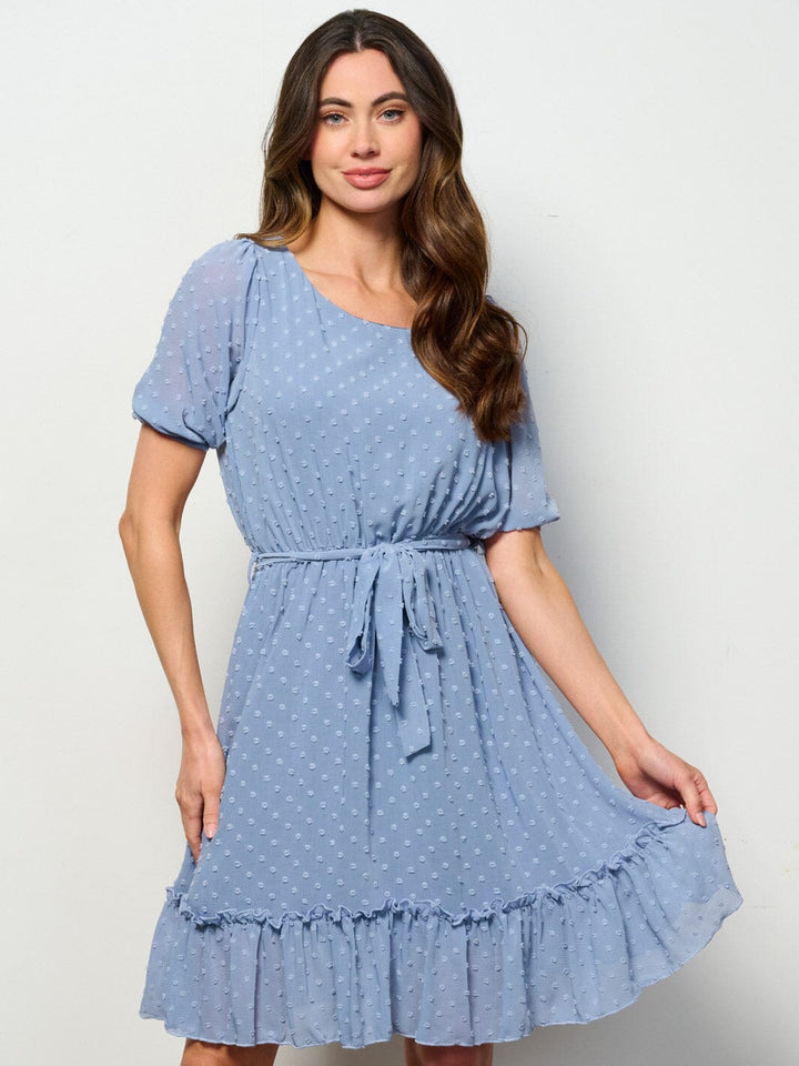 WOMEN'S SHORT SLEEVE SELF TIE SWISS DETAILED MINI DRESS