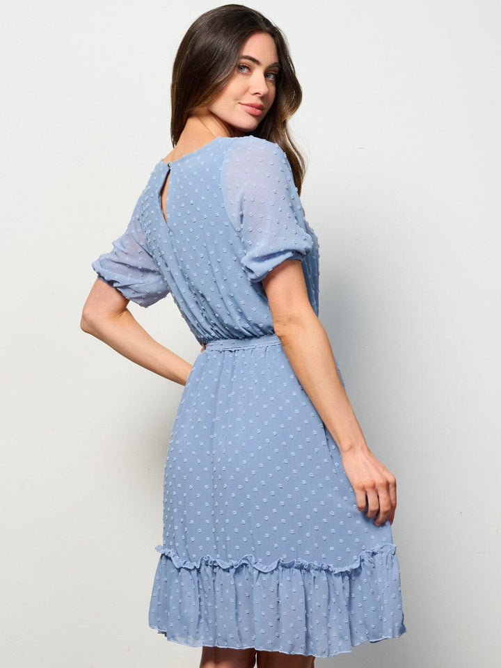 WOMEN'S SHORT SLEEVE SELF TIE SWISS DETAILED MINI DRESS