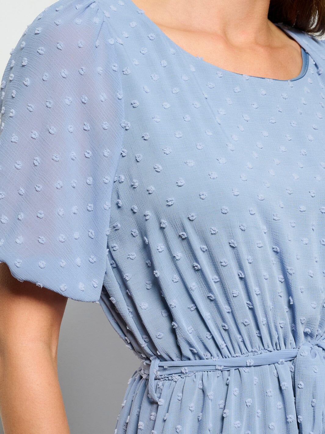 WOMEN'S SHORT SLEEVE SELF TIE SWISS DETAILED MINI DRESS