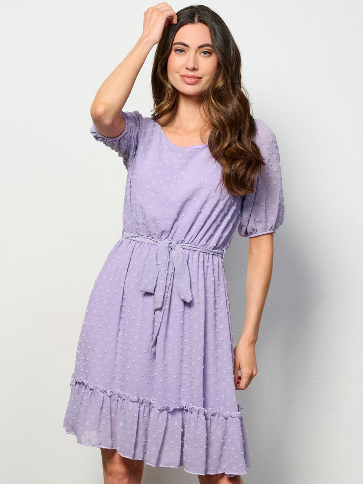 WOMEN'S SHORT SLEEVE SELF TIE SWISS DETAILED MINI DRESS