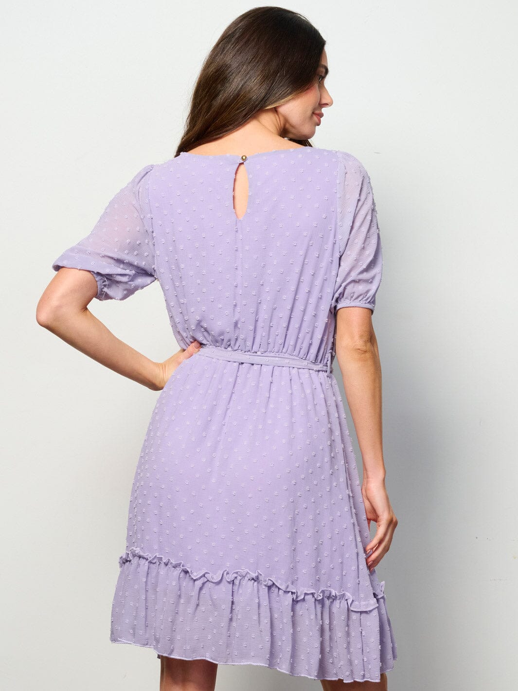 WOMEN'S SHORT SLEEVE SELF TIE SWISS DETAILED MINI DRESS