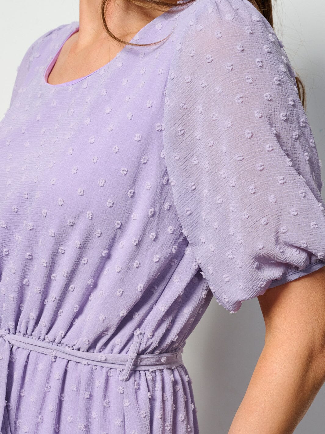 WOMEN'S SHORT SLEEVE SELF TIE SWISS DETAILED MINI DRESS
