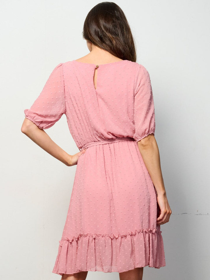WOMEN'S SHORT SLEEVE SELF TIE SWISS DETAILED MINI DRESS