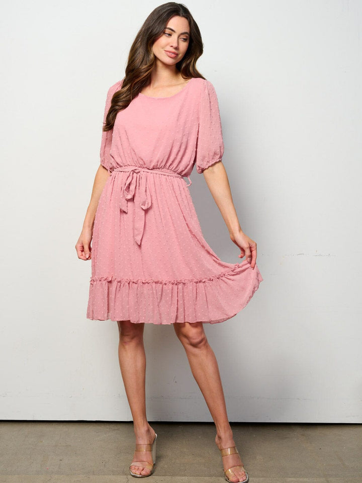 WOMEN'S SHORT SLEEVE SELF TIE SWISS DETAILED MINI DRESS