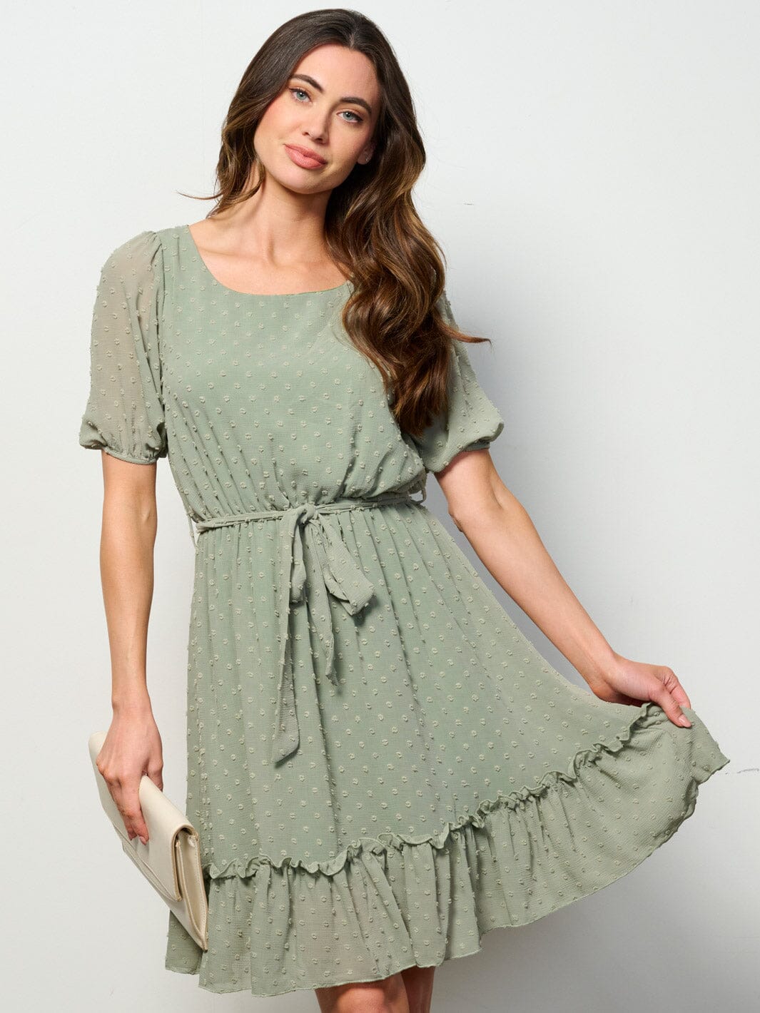 WOMEN'S SHORT SLEEVE SELF TIE SWISS DETAILED MINI DRESS