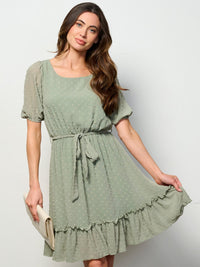 WOMEN'S SHORT SLEEVE SELF TIE SWISS DETAILED MINI DRESS