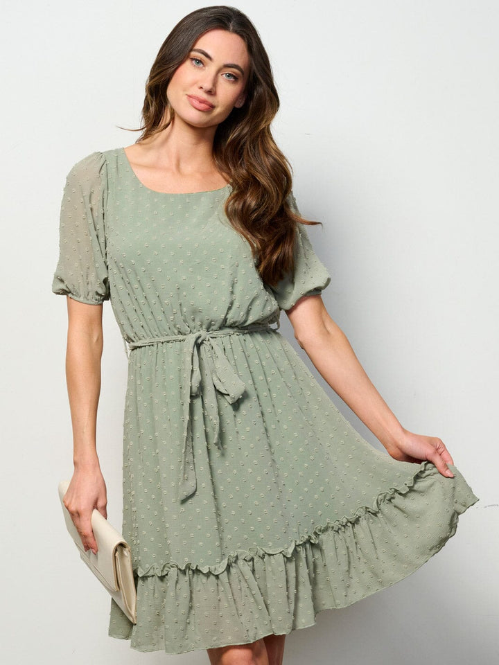 WOMEN'S SHORT SLEEVE SELF TIE SWISS DETAILED MINI DRESS