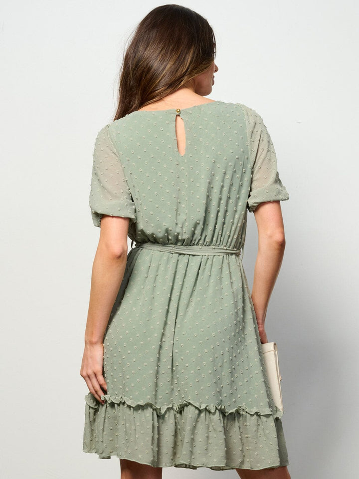 WOMEN'S SHORT SLEEVE SELF TIE SWISS DETAILED MINI DRESS