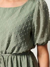 WOMEN'S SHORT SLEEVE SELF TIE SWISS DETAILED MINI DRESS
