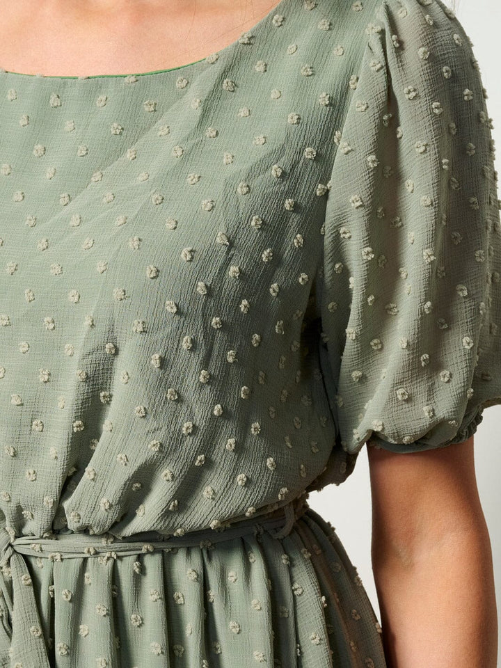 WOMEN'S SHORT SLEEVE SELF TIE SWISS DETAILED MINI DRESS