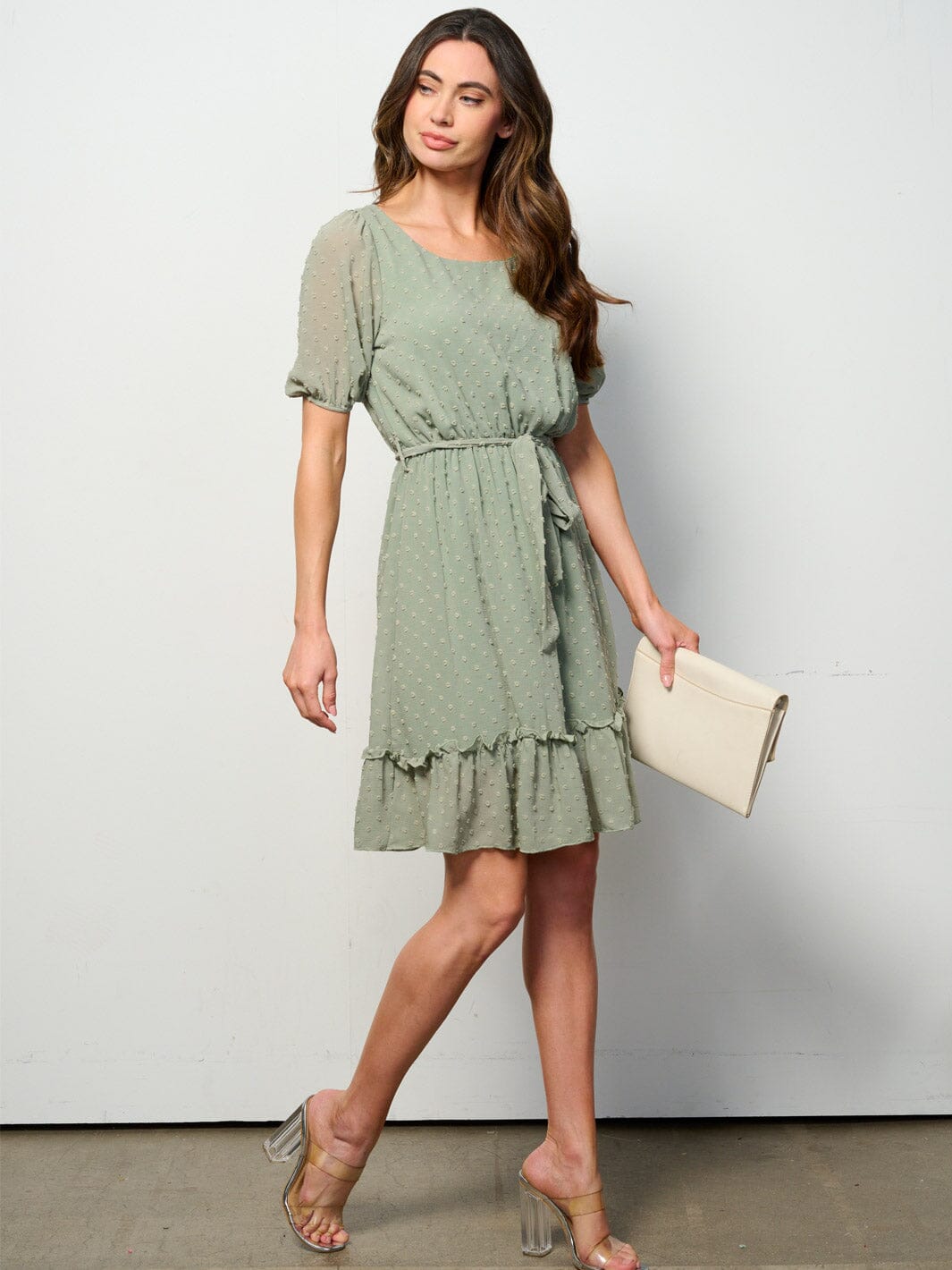 WOMEN'S SHORT SLEEVE SELF TIE SWISS DETAILED MINI DRESS