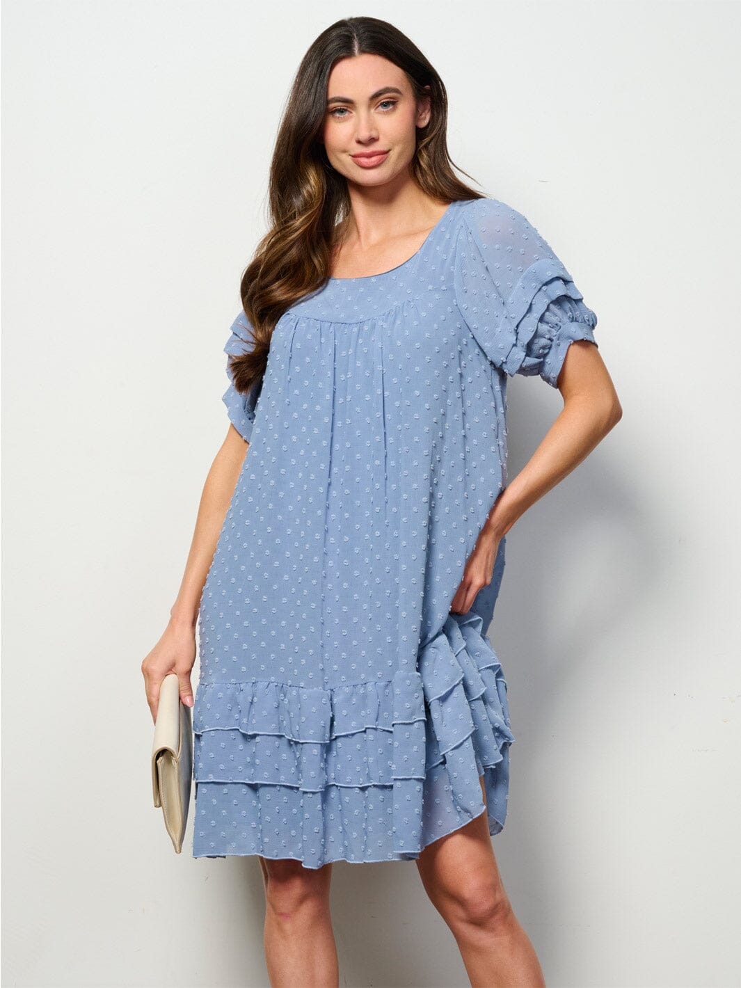 WOMEN'S SHORT SLEEVE RUFFLE TIERED SWISS DOTS TUNIC MINI DRESS