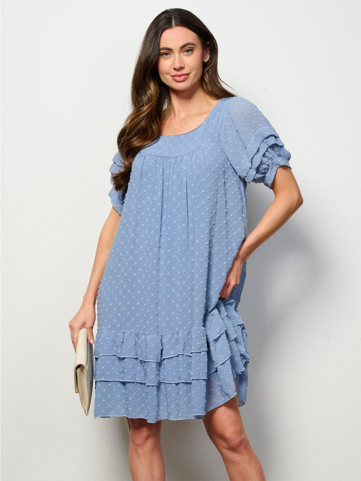 WOMEN'S SHORT SLEEVE RUFFLE TIERED SWISS DOTS TUNIC MINI DRESS