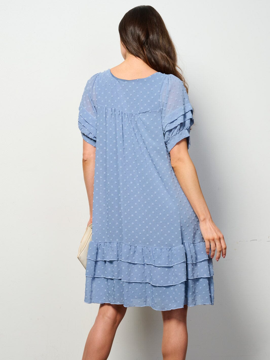 WOMEN'S SHORT SLEEVE RUFFLE TIERED SWISS DOTS TUNIC MINI DRESS