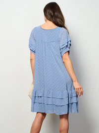 WOMEN'S SHORT SLEEVE RUFFLE TIERED SWISS DOTS TUNIC MINI DRESS