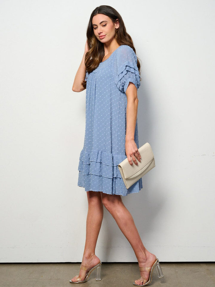 WOMEN'S SHORT SLEEVE RUFFLE TIERED SWISS DOTS TUNIC MINI DRESS