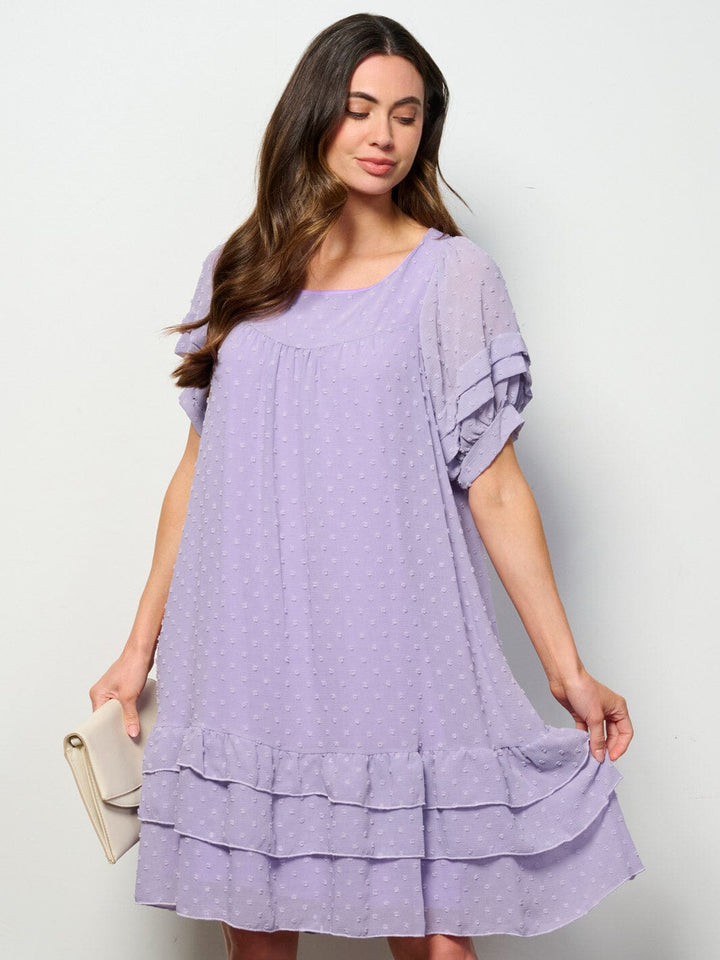 WOMEN'S SHORT SLEEVE RUFFLE TIERED SWISS DOTS TUNIC MINI DRESS