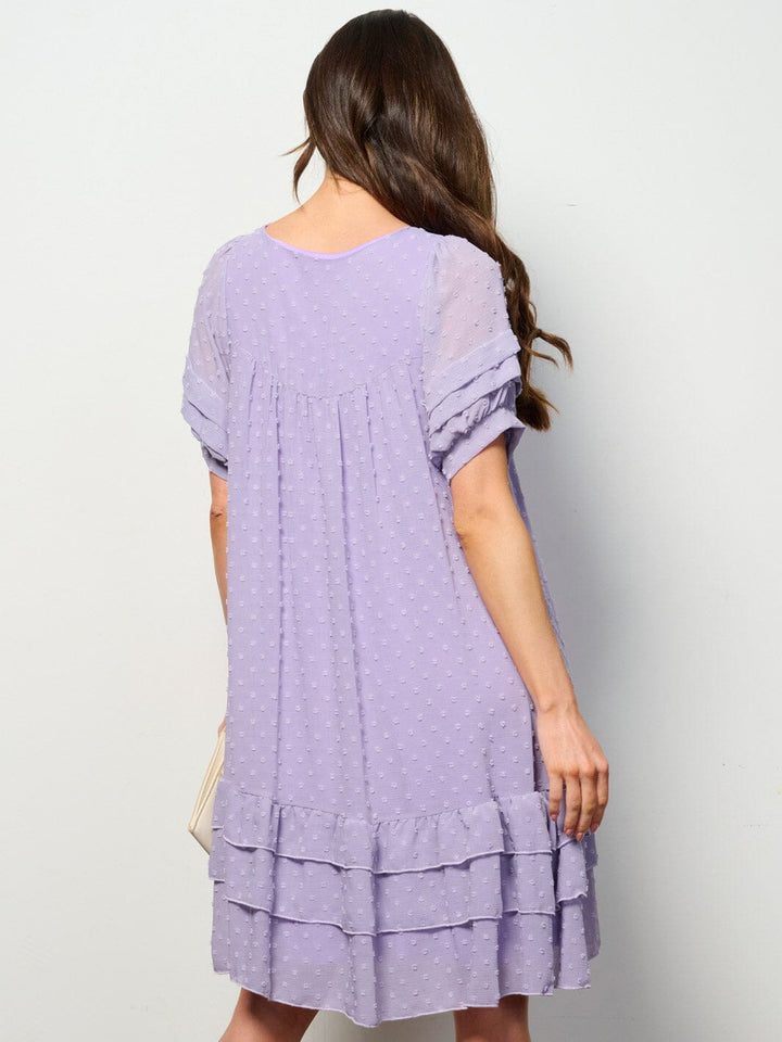 WOMEN'S SHORT SLEEVE RUFFLE TIERED SWISS DOTS TUNIC MINI DRESS