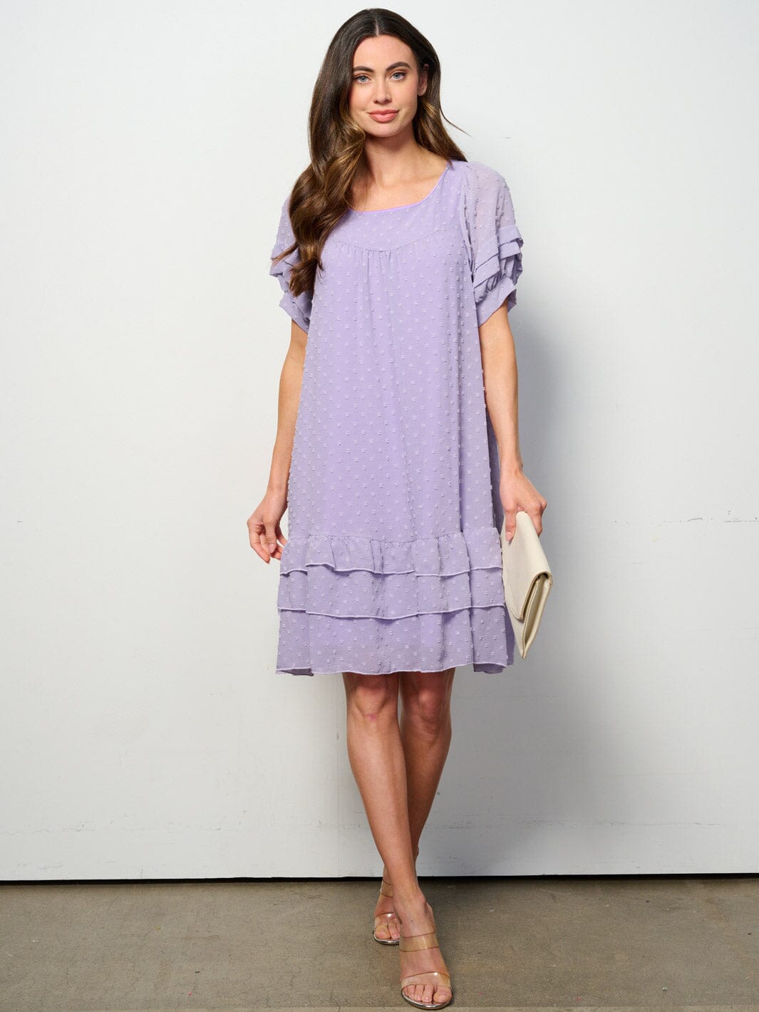 WOMEN'S SHORT SLEEVE RUFFLE TIERED SWISS DOTS TUNIC MINI DRESS