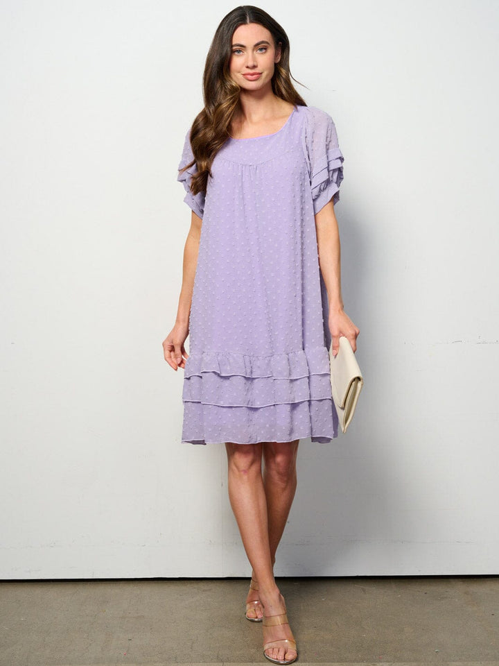 WOMEN'S SHORT SLEEVE RUFFLE TIERED SWISS DOTS TUNIC MINI DRESS