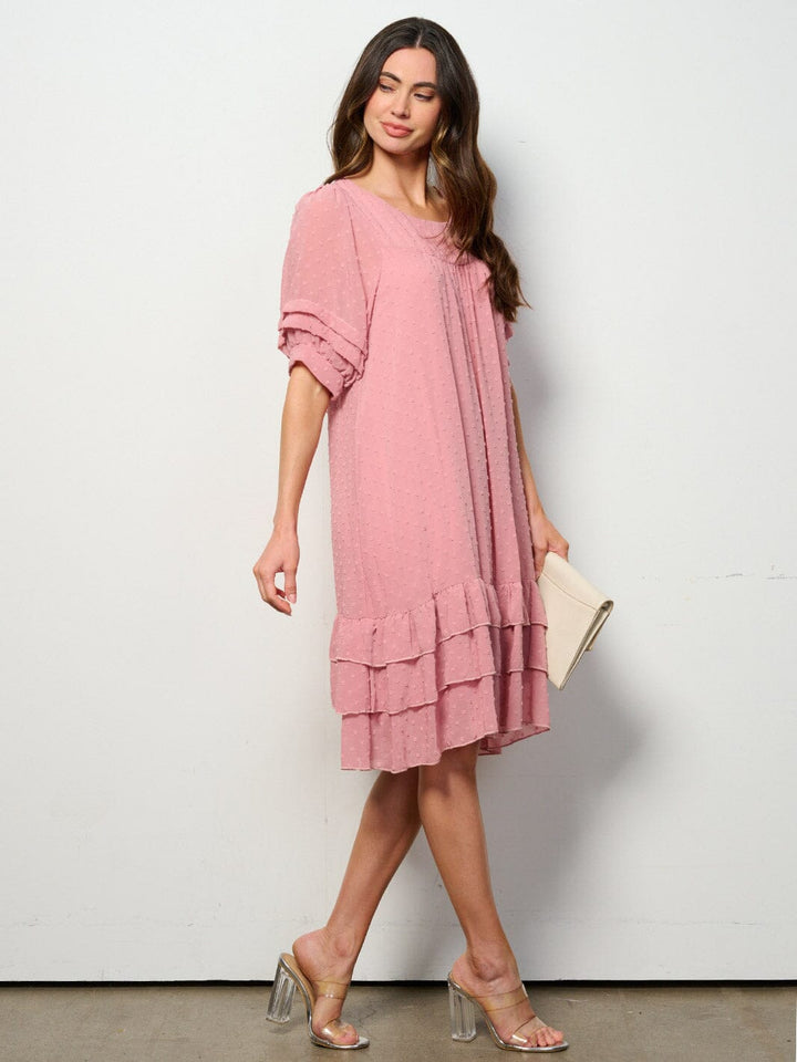 WOMEN'S SHORT SLEEVE RUFFLE TIERED SWISS DOTS TUNIC MINI DRESS