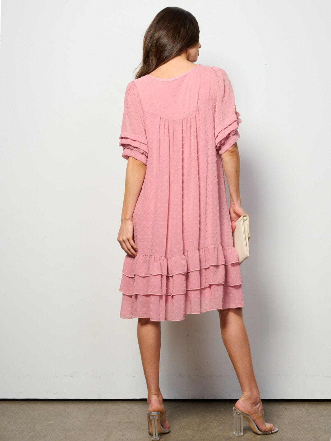 WOMEN'S SHORT SLEEVE RUFFLE TIERED SWISS DOTS TUNIC MINI DRESS