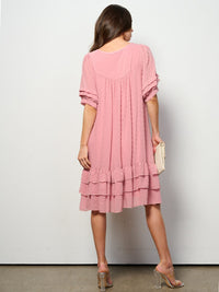 WOMEN'S SHORT SLEEVE RUFFLE TIERED SWISS DOTS TUNIC MINI DRESS