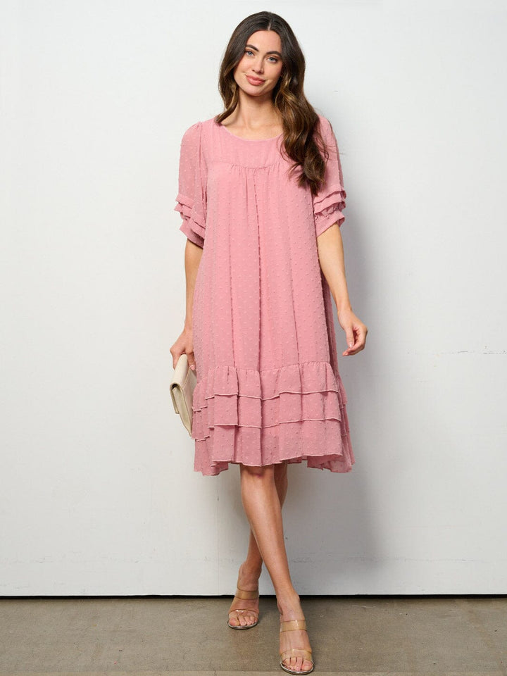 WOMEN'S SHORT SLEEVE RUFFLE TIERED SWISS DOTS TUNIC MINI DRESS