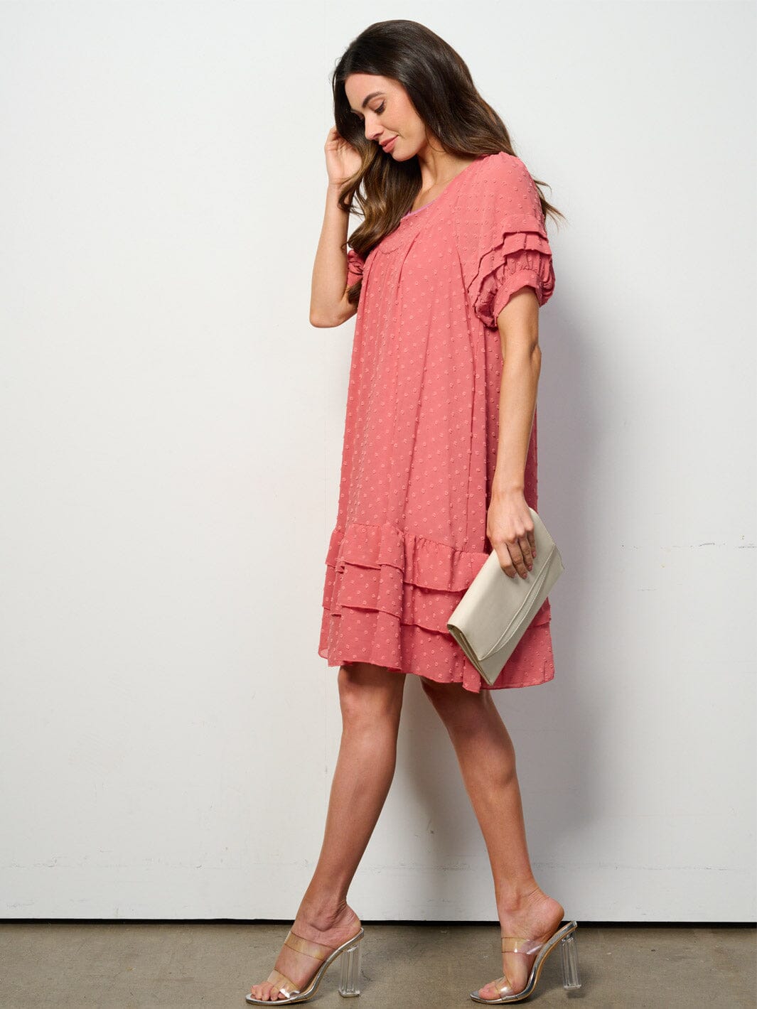 WOMEN'S SHORT SLEEVE RUFFLE TIERED SWISS DOTS TUNIC MINI DRESS