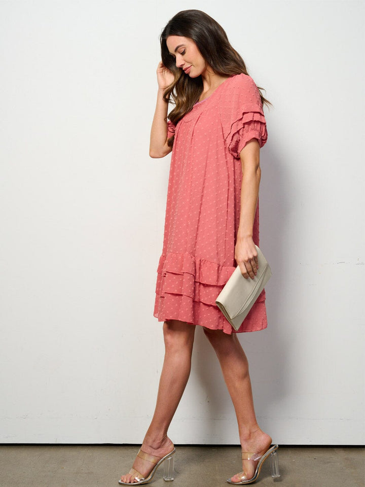 WOMEN'S SHORT SLEEVE RUFFLE TIERED SWISS DOTS TUNIC MINI DRESS