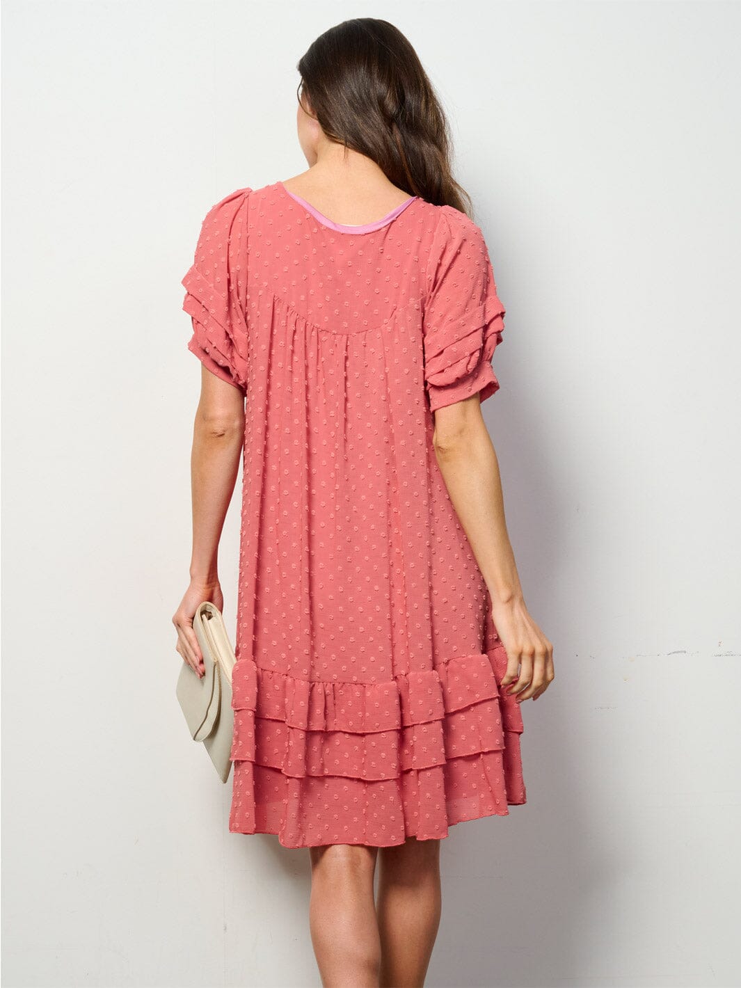 WOMEN'S SHORT SLEEVE RUFFLE TIERED SWISS DOTS TUNIC MINI DRESS