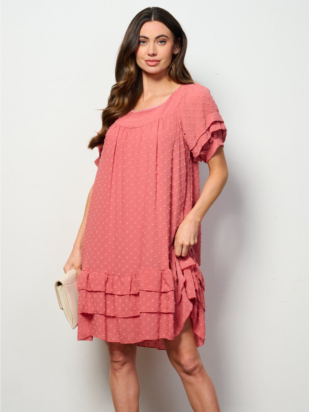 WOMEN'S SHORT SLEEVE RUFFLE TIERED SWISS DOTS TUNIC MINI DRESS