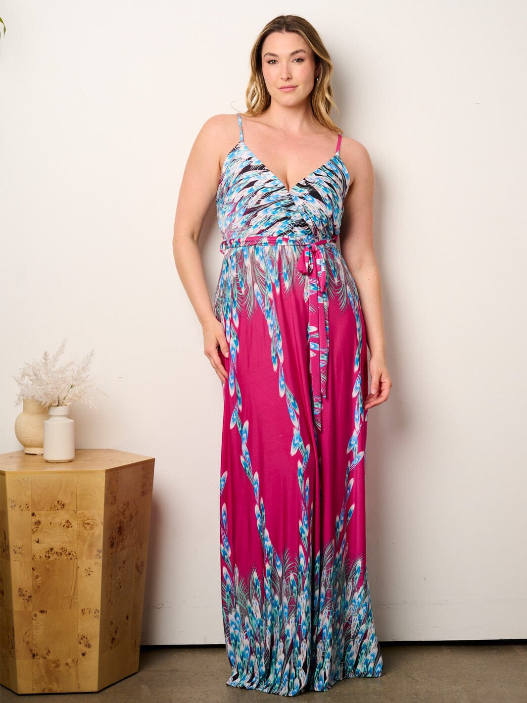 PLUS SIZE SLEEVELESS SELF TIE SURPLICE MULTI PRINT MAXI DRESS
