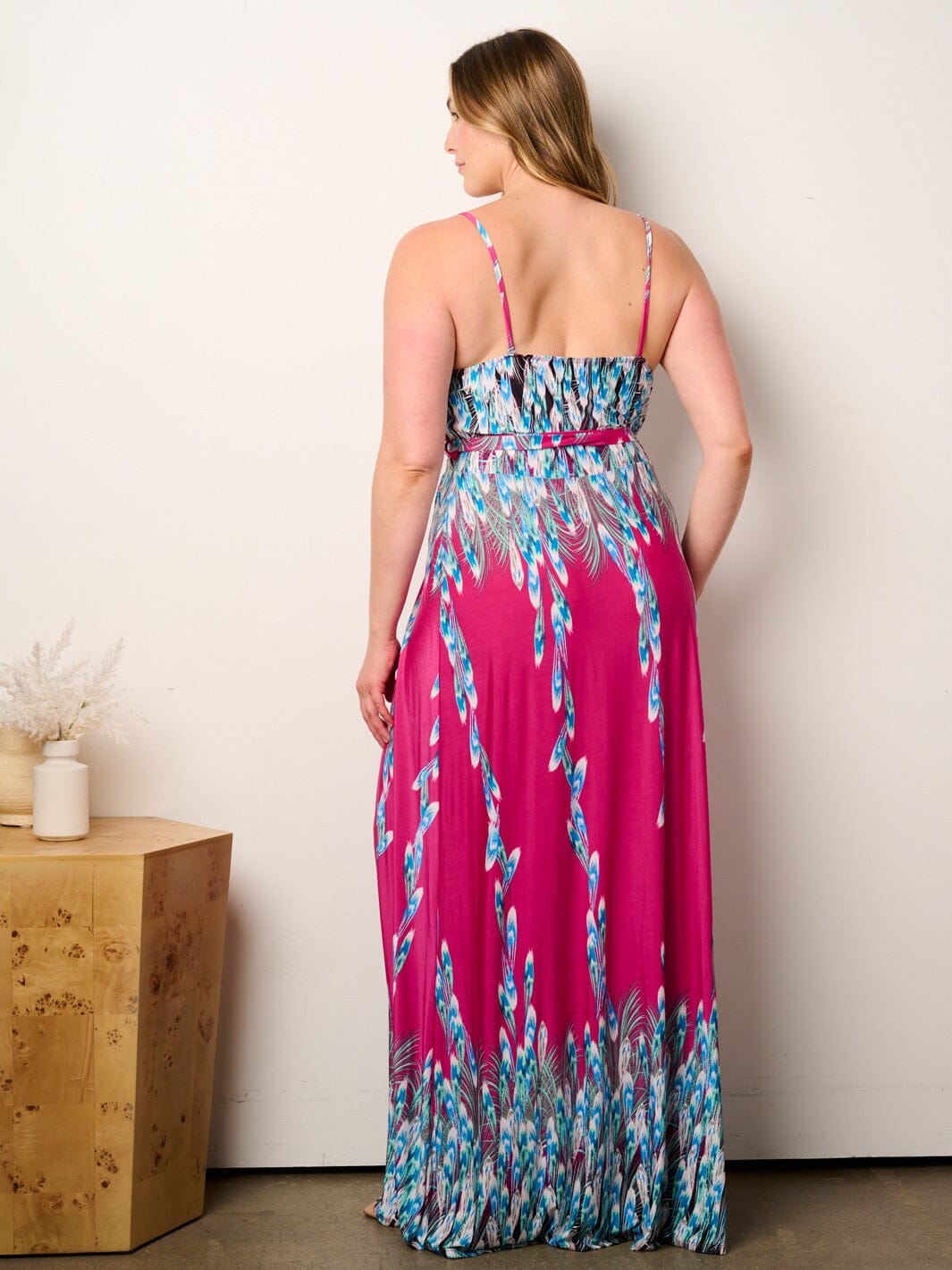 PLUS SIZE SLEEVELESS SELF TIE SURPLICE MULTI PRINT MAXI DRESS