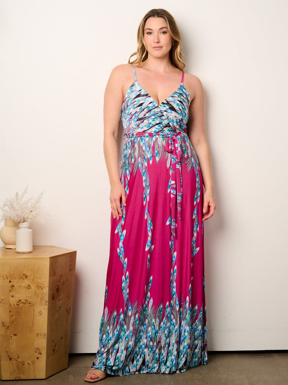 PLUS SIZE SLEEVELESS SELF TIE SURPLICE MULTI PRINT MAXI DRESS
