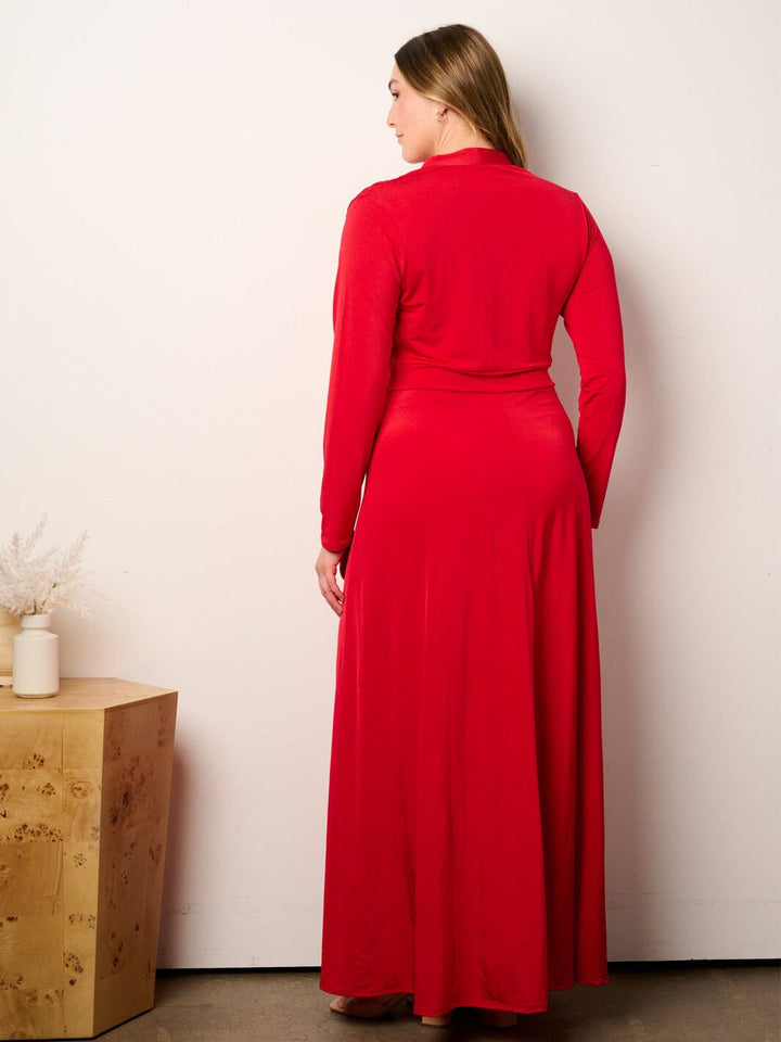 PLUS SIZE LONG SLEEVE SURPLICE SIDE SLIT MAXI DRESS